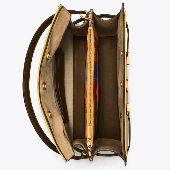 Tory Burch Lee Radziwill Raincoat Double Leather Bag Satchel Beige Yellow Bag - Picture 6 of 17